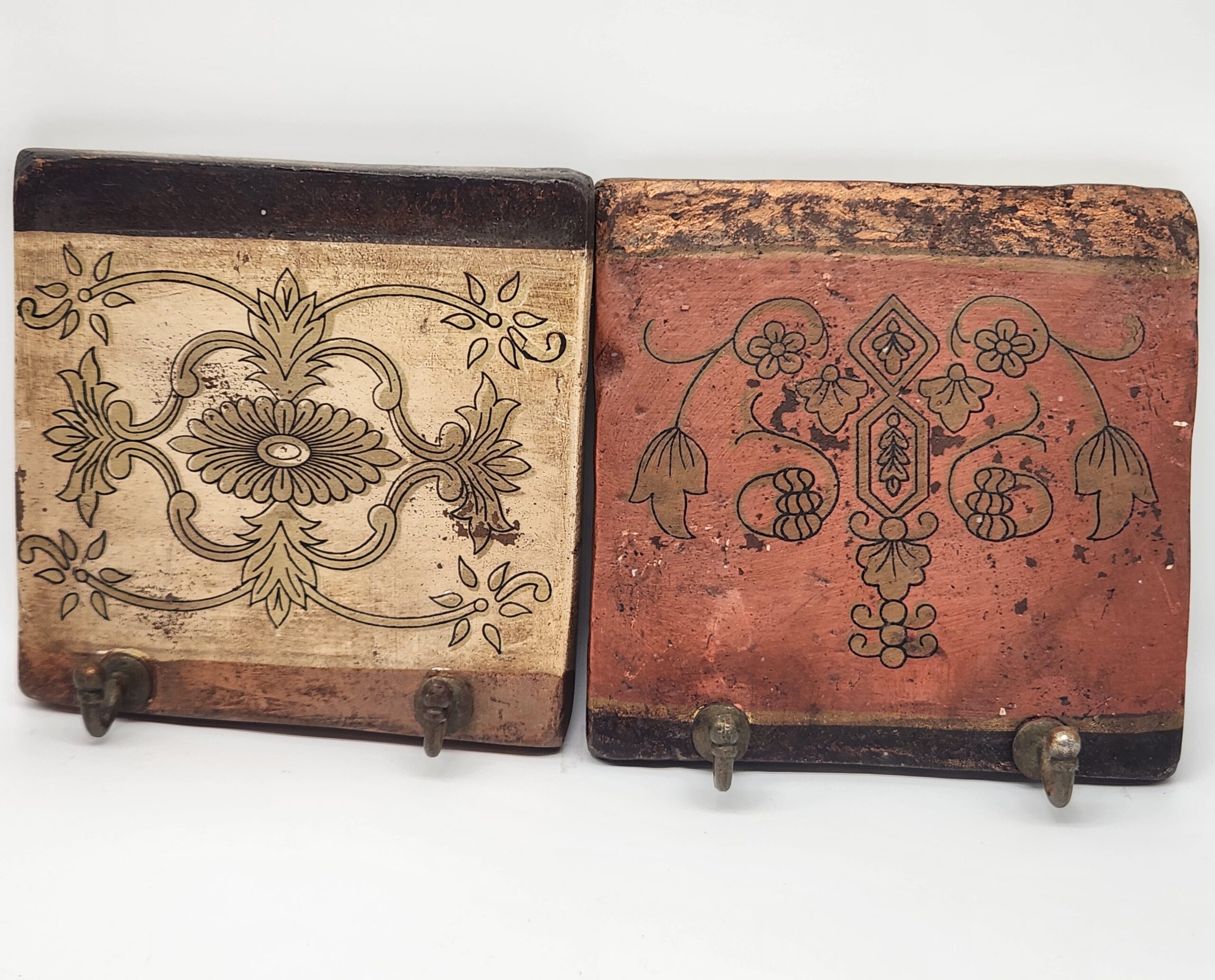Square Mediterranean Handmade Painted Terracotta Brass Coat Hooks