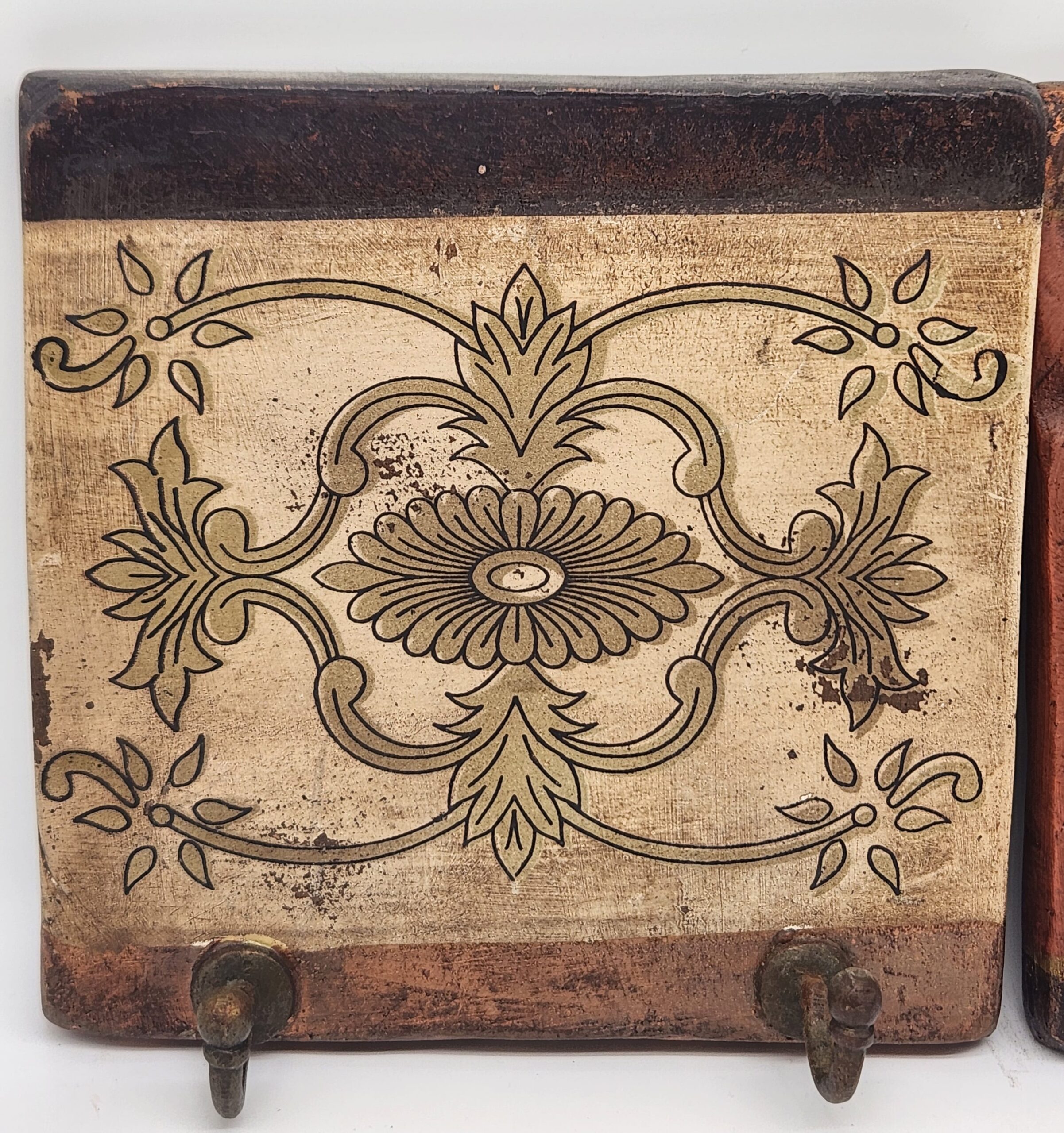 Square Mediterranean Handmade Painted Terracotta Brass Coat Hooks - Image 2