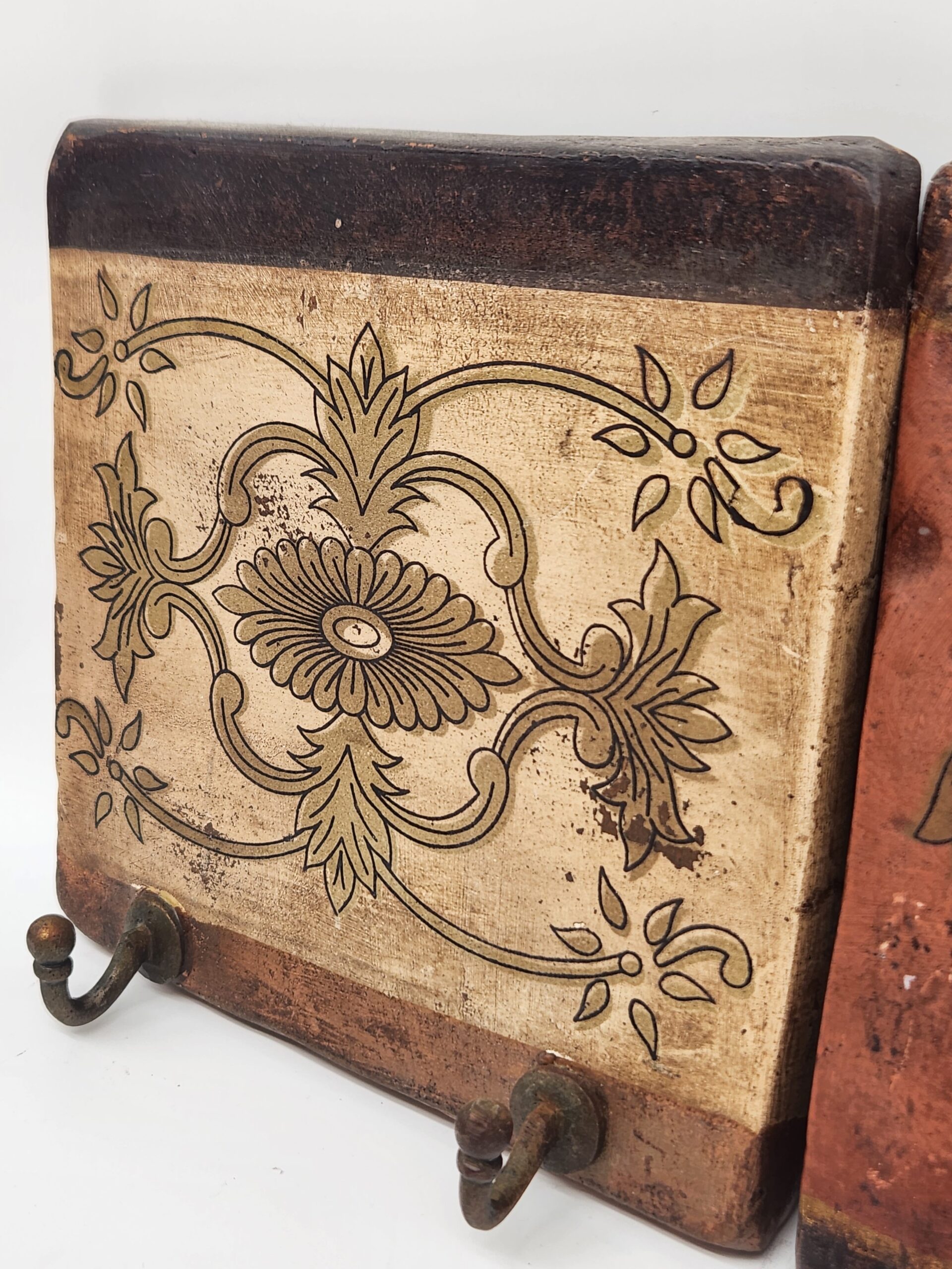 Square Mediterranean Handmade Painted Terracotta Brass Coat Hooks - Image 4