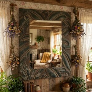 Vintage Carved Wood Frame Wall Mirror - Tropical Palm Motif