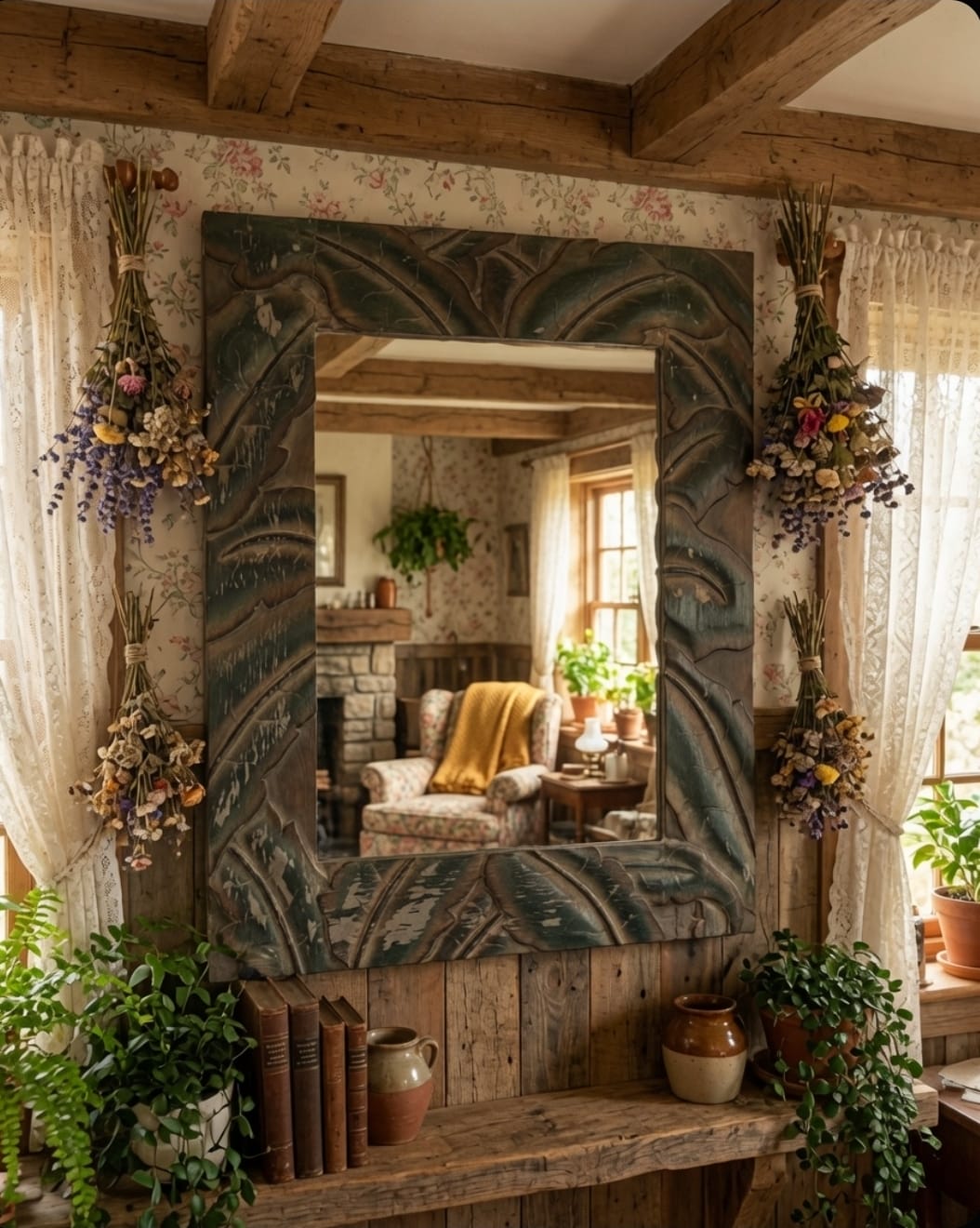 Vintage Carved Wood Frame Wall Mirror - Tropical Palm Motif