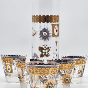 Rare Culver 1960s 22-Karat Gold Charm Bracelet Cocktail Pitcher & 5 Rocks Glasses