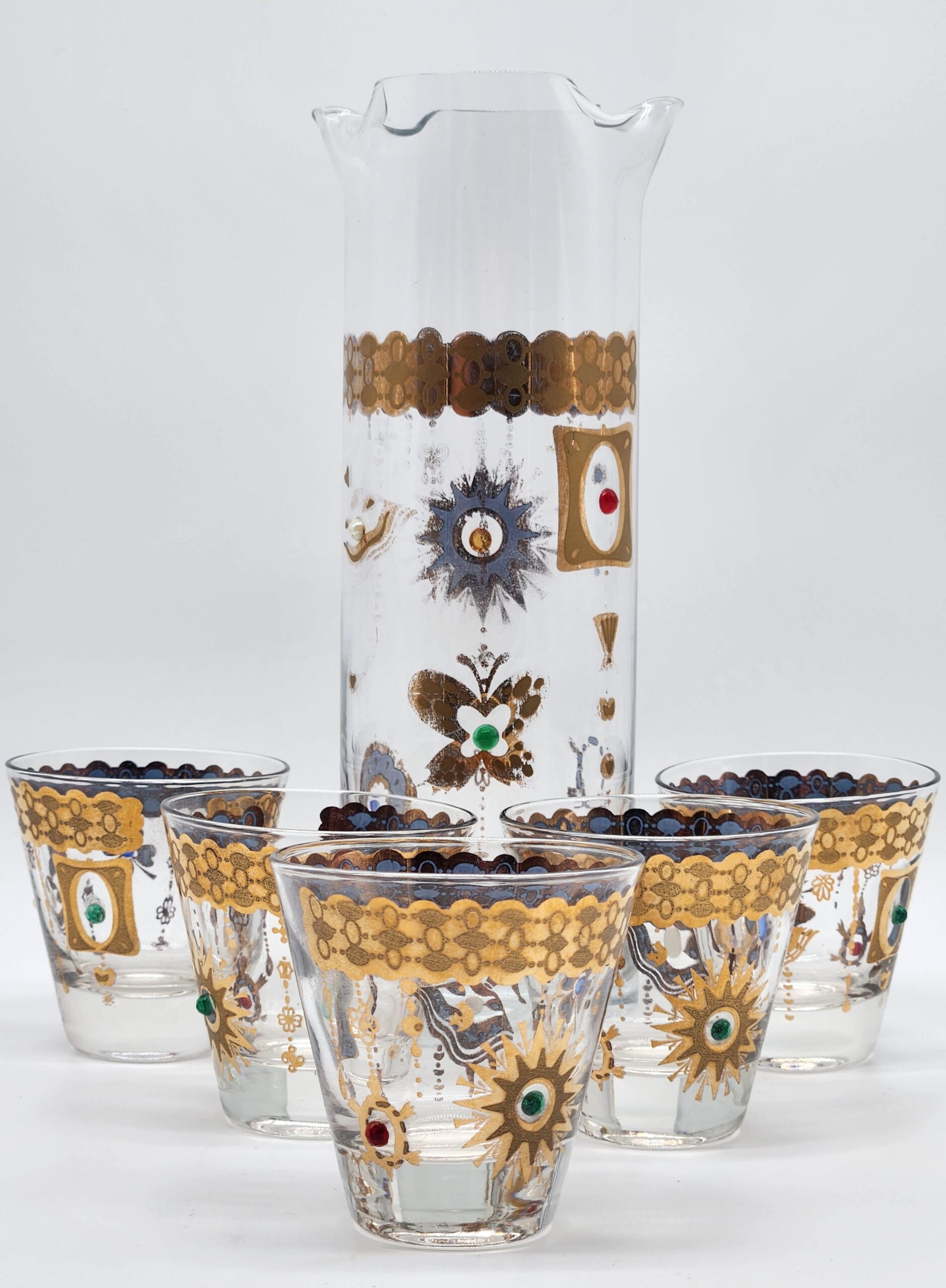 Rare Culver 1960s 22-Karat Gold Charm Bracelet Cocktail Pitcher & 5 Rocks Glasses