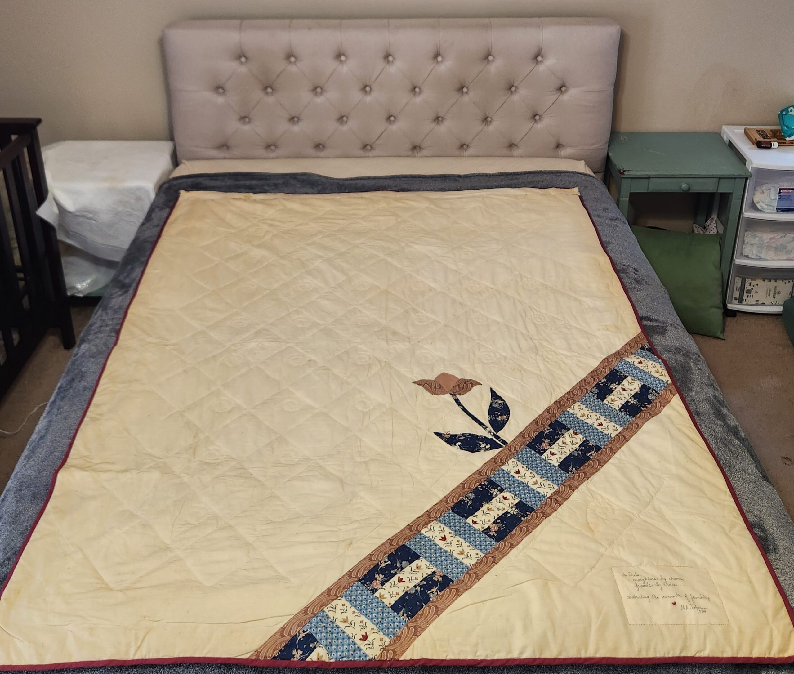 Vintage 1988 Signed Handmade Blue Calico Quilt Triple Rail Fence w/ Appliquéd Flower