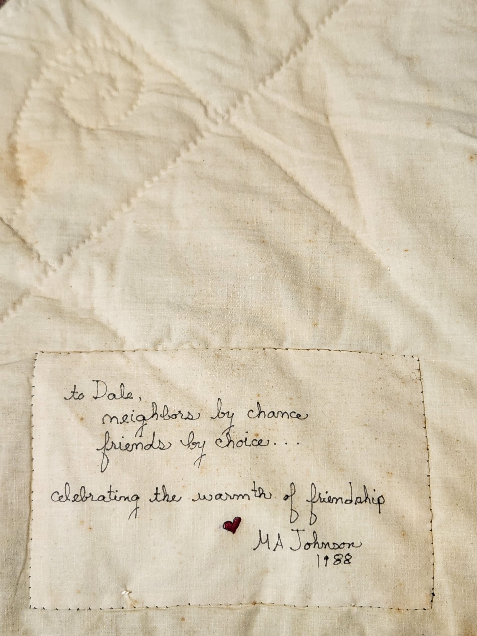 Vintage 1988 Signed Handmade Blue Calico Quilt Triple Rail Fence w/ Appliquéd Flower - Image 3