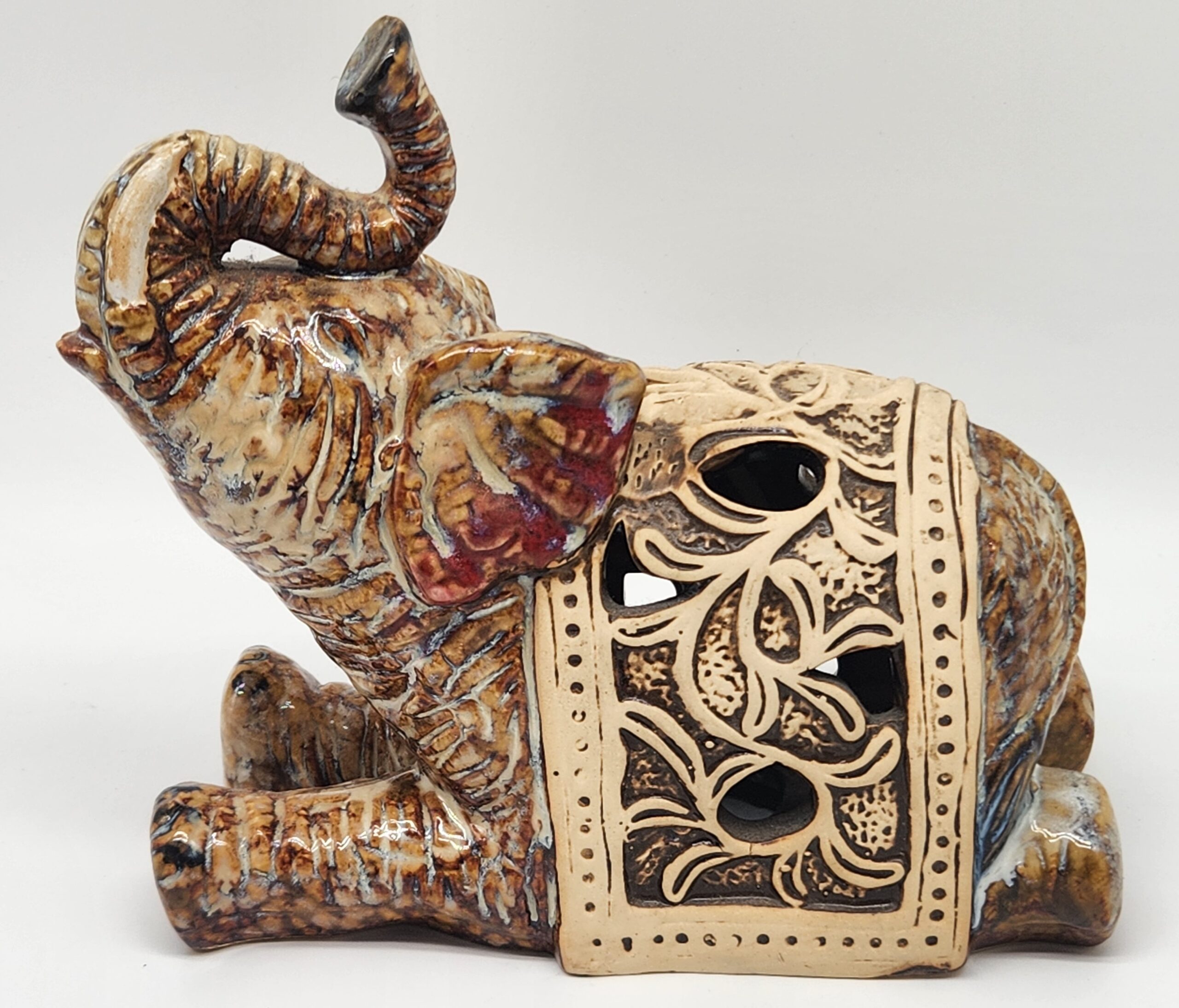 Bohemian Ceramic Elephant Statue Drip Glaze Trunk Up Lucky Decor Candle Holder