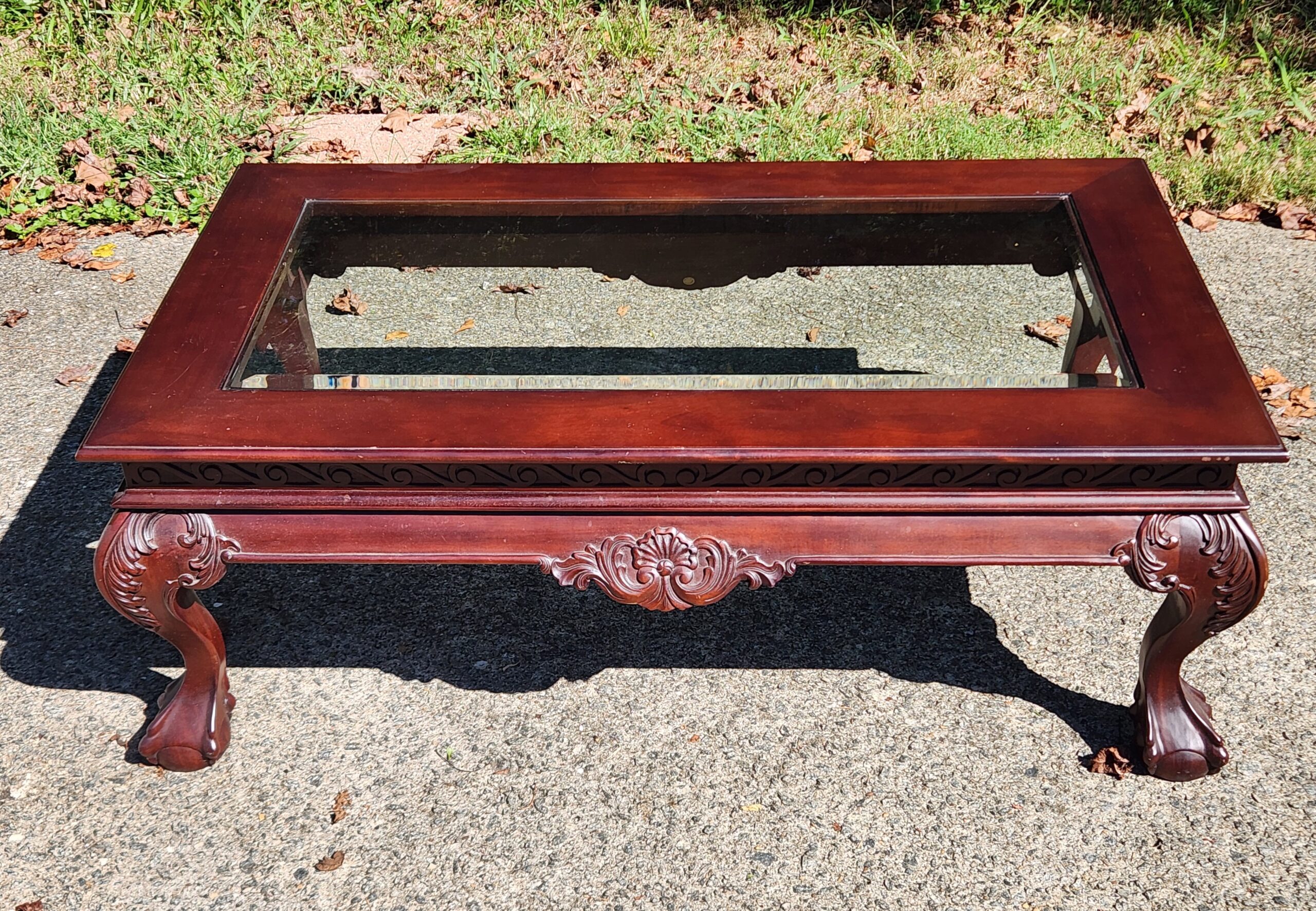 Chippendale-Style Glass Top Mahogany Coffee Table w/ Ball-and-Claw Feet