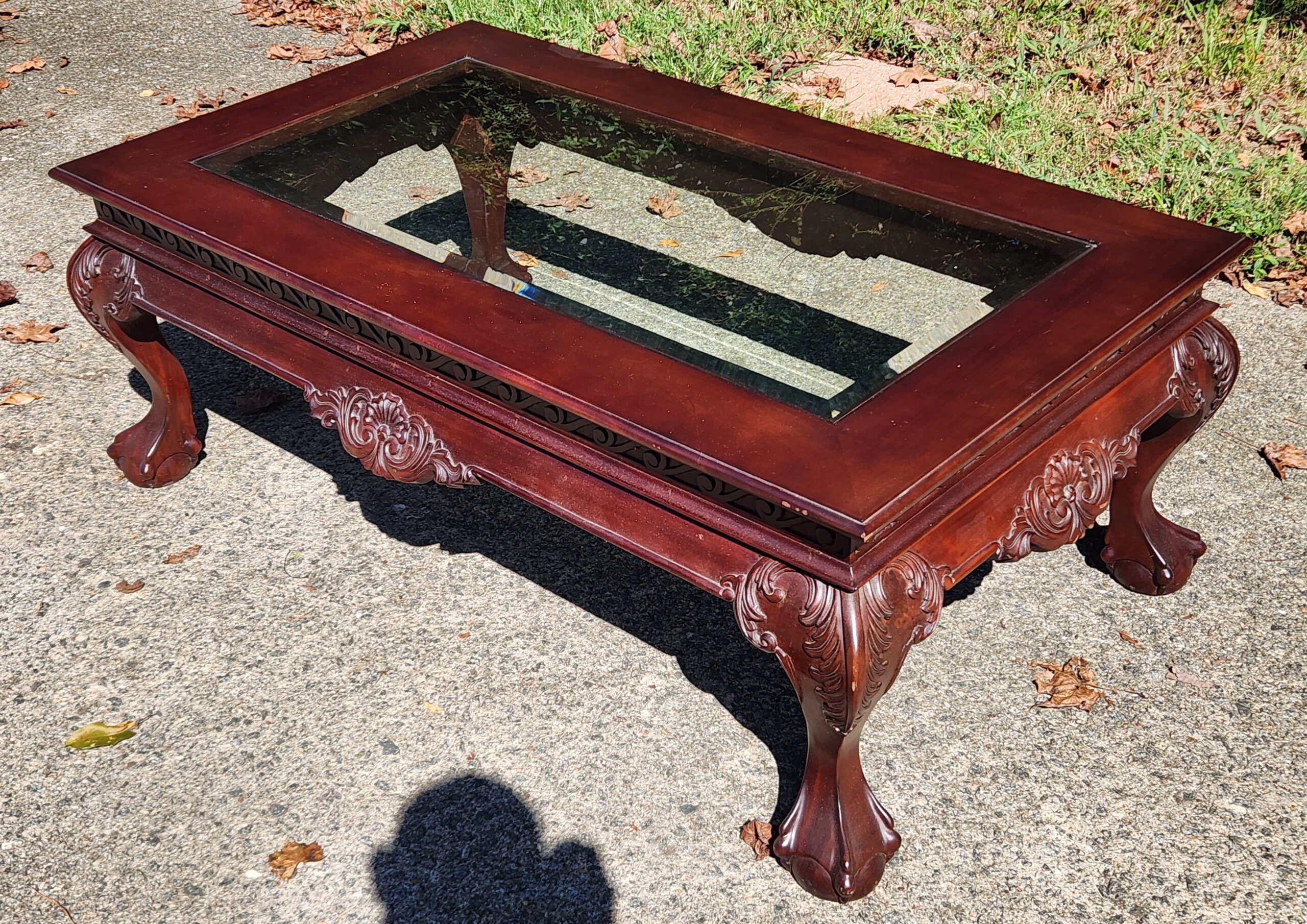 Chippendale-Style Glass Top Mahogany Coffee Table w/ Ball-and-Claw Feet - Image 2