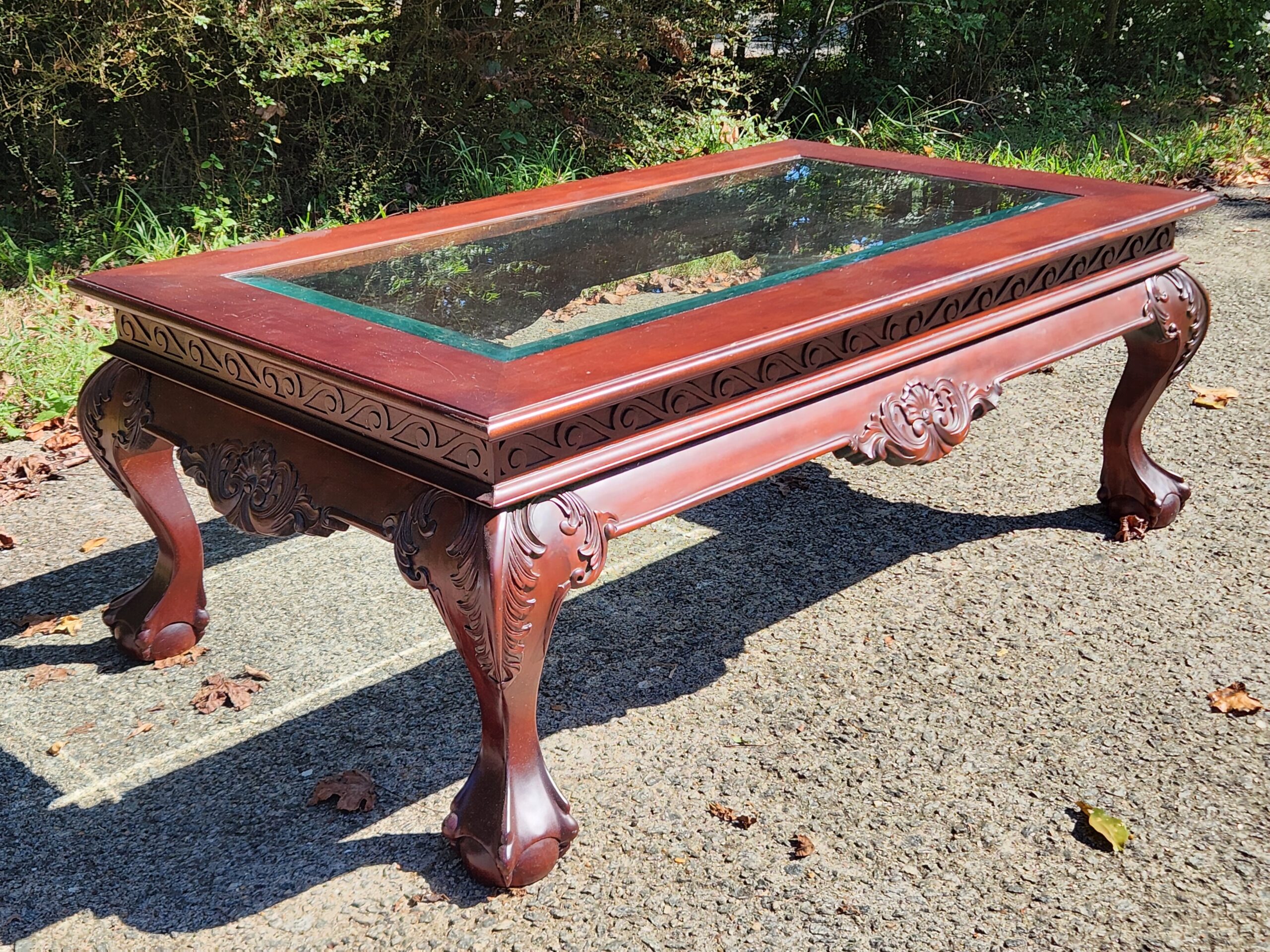 Chippendale-Style Glass Top Mahogany Coffee Table w/ Ball-and-Claw Feet - Image 3